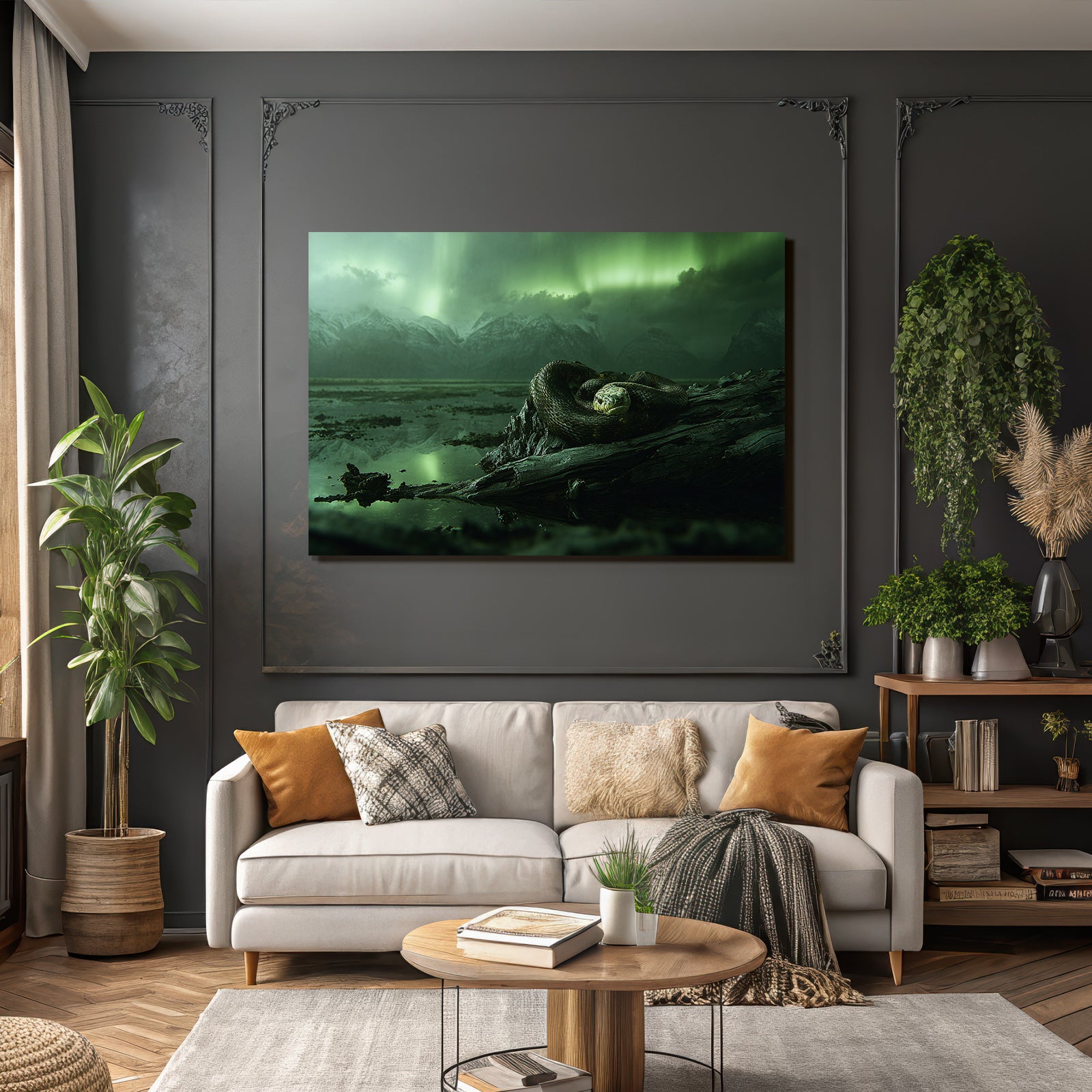 Polarlicht Grosser Schlange Um Driftwood Mit Grüner Aurora Im Hintergrund | Fjorde und Gletscher | Landschaften