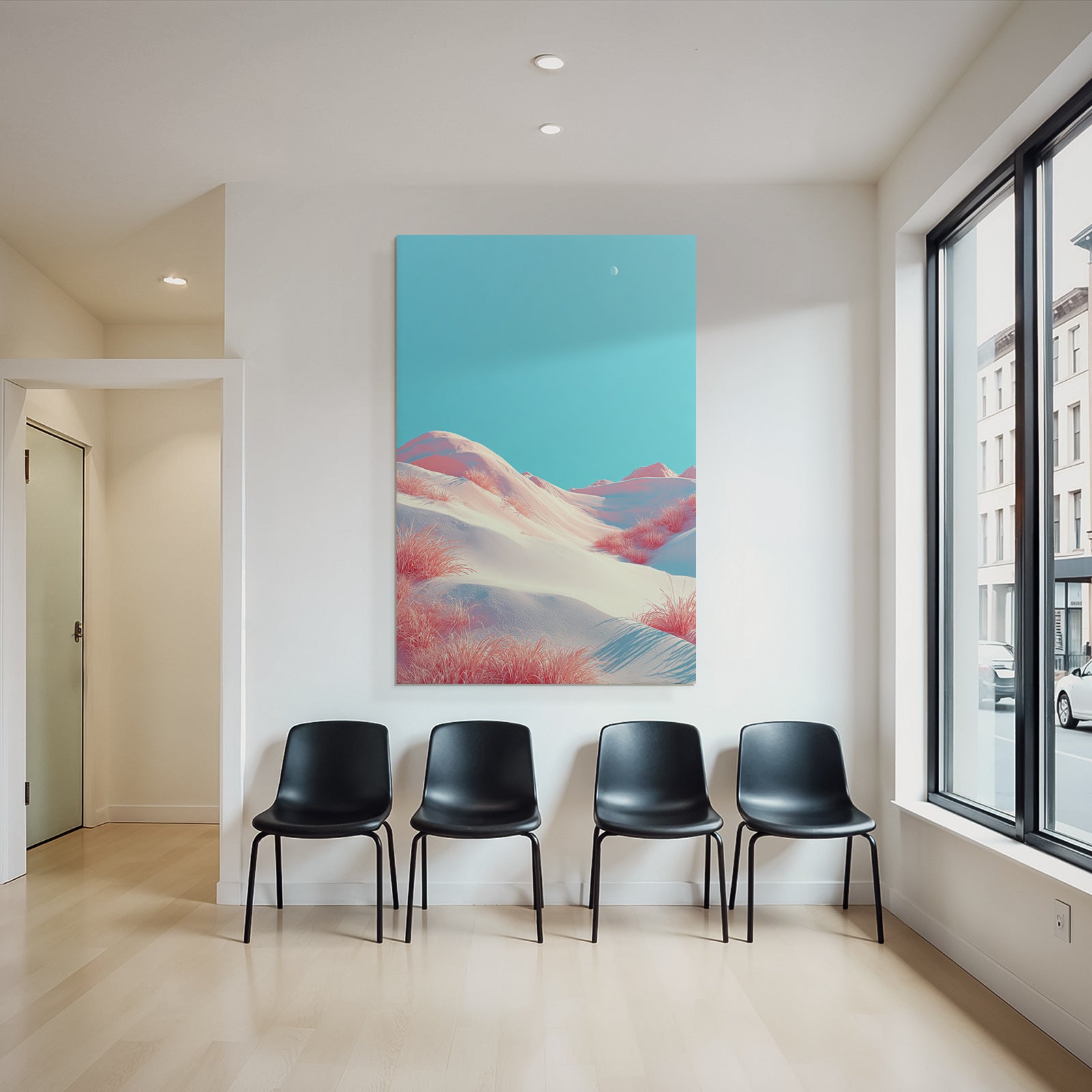 Surrealistische Hügellandschaft Mit Rosa Gras Und Michelmond | Duenen und Heide | Landschaften