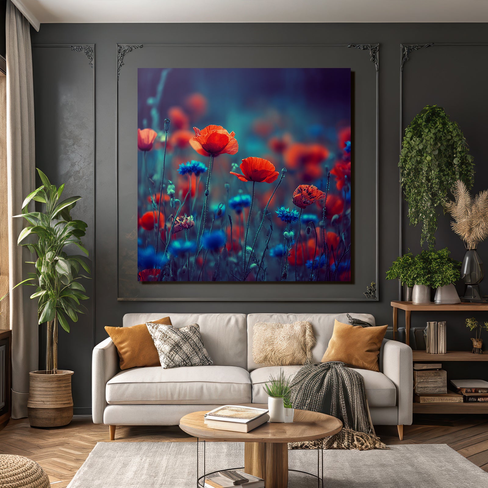 Summer meadow with red poppies and blue corn