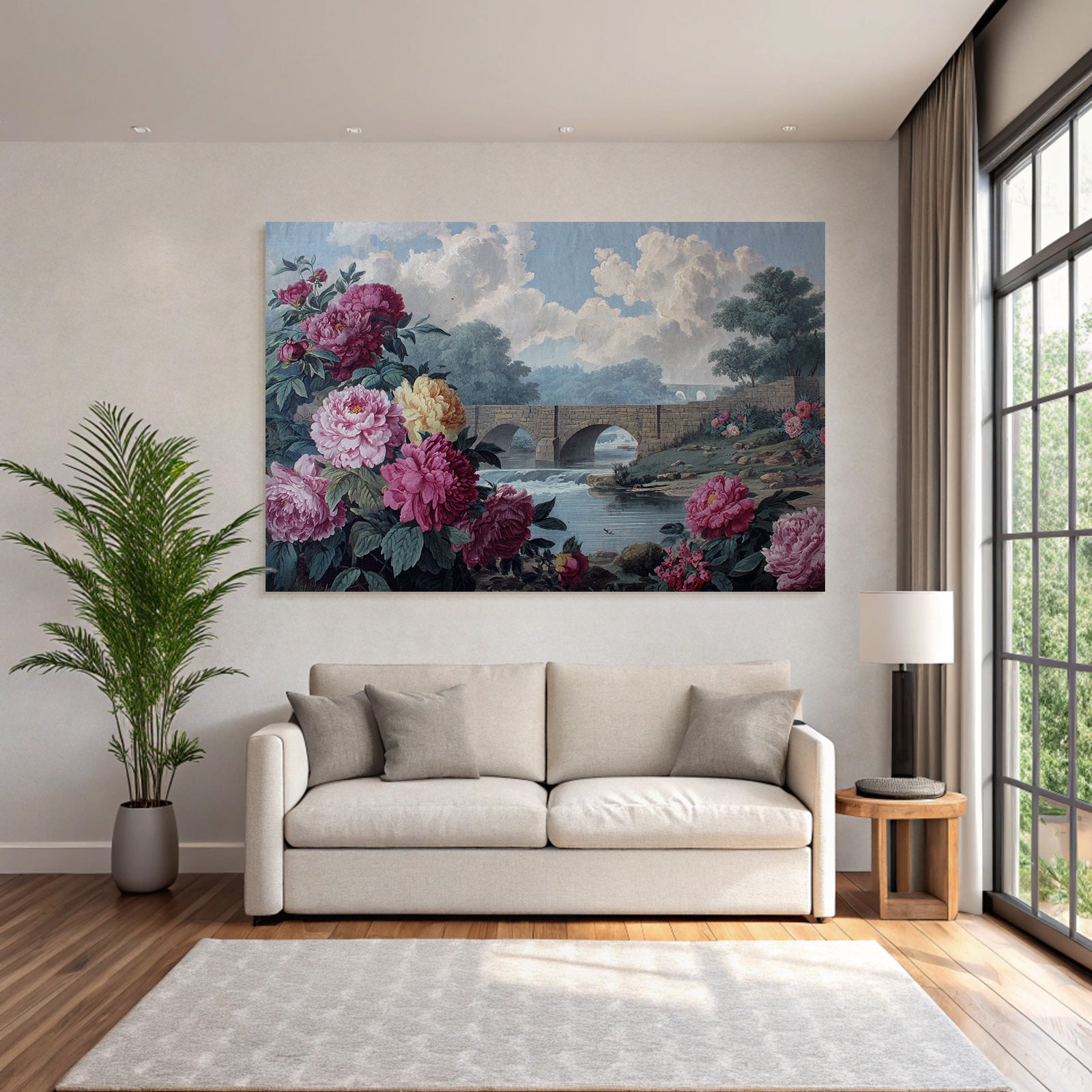 Stone Bridge Picturesque Landscape With Peonies