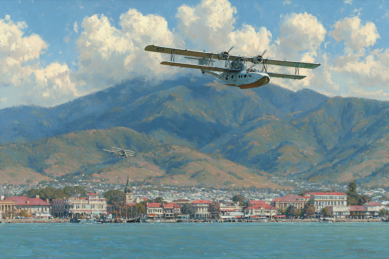 See Über Küstenstadt Mit Bergen Im Hintergrund | Flugzeuge | Mobilitaet und Technik