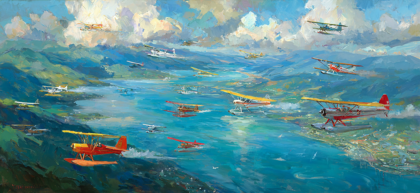 See Über Wasser Grüne Landschaft Vibrante Malerei | Flugzeuge | Mobilitaet und Technik