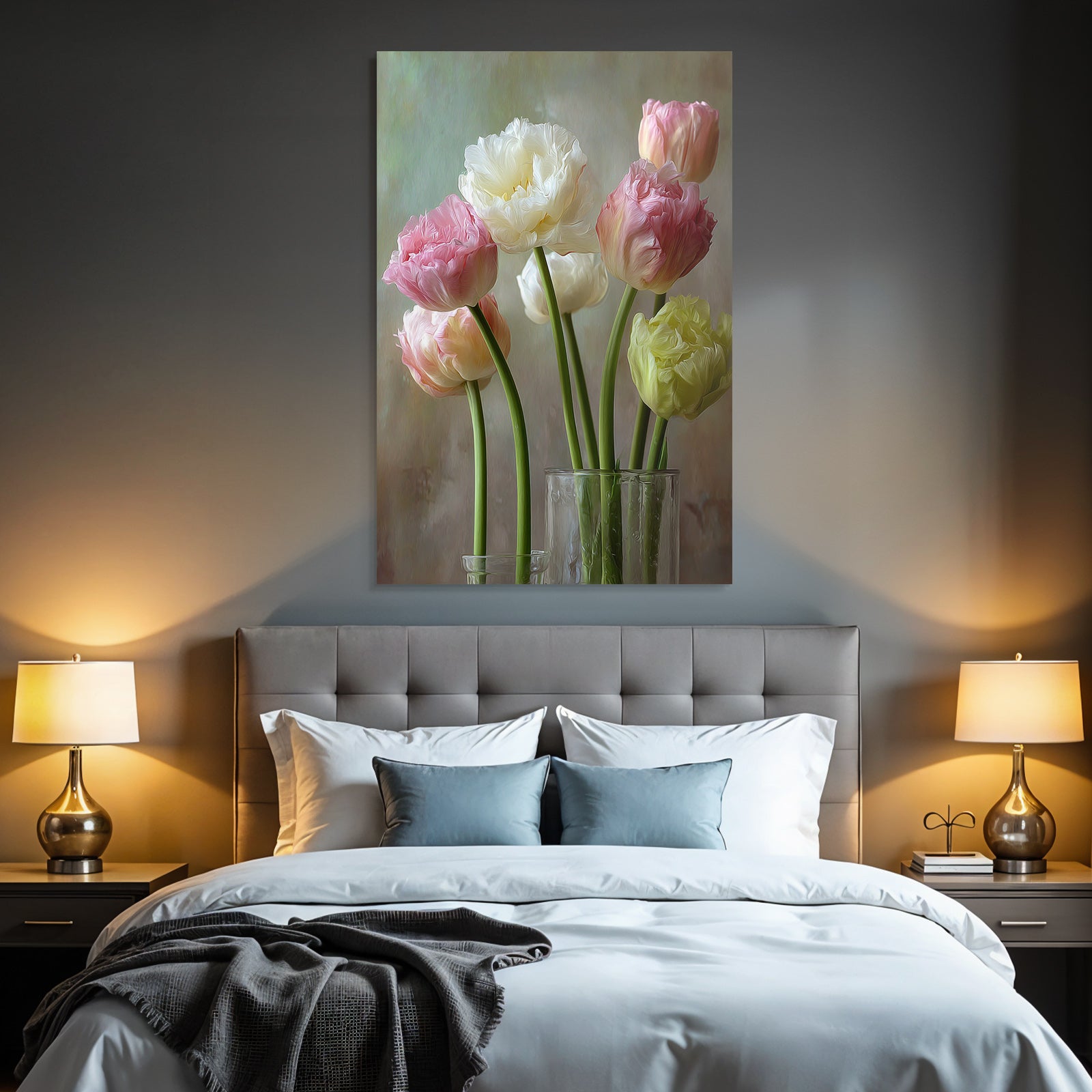 Strauss Von Zarten Frühlings Tulpen In Glasvasen