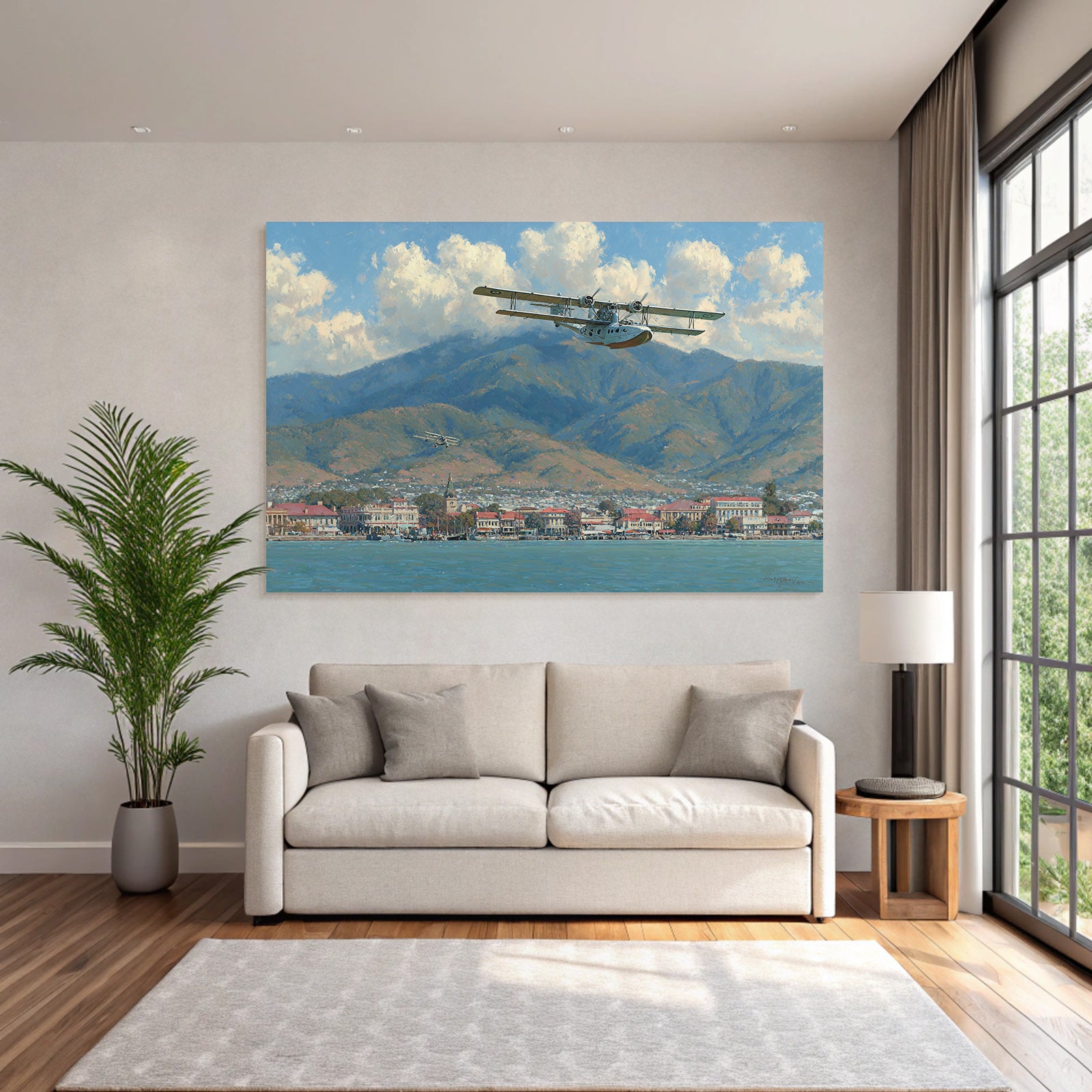 See Über Küstenstadt Mit Bergen Im Hintergrund | Flugzeuge | Mobilitaet und Technik