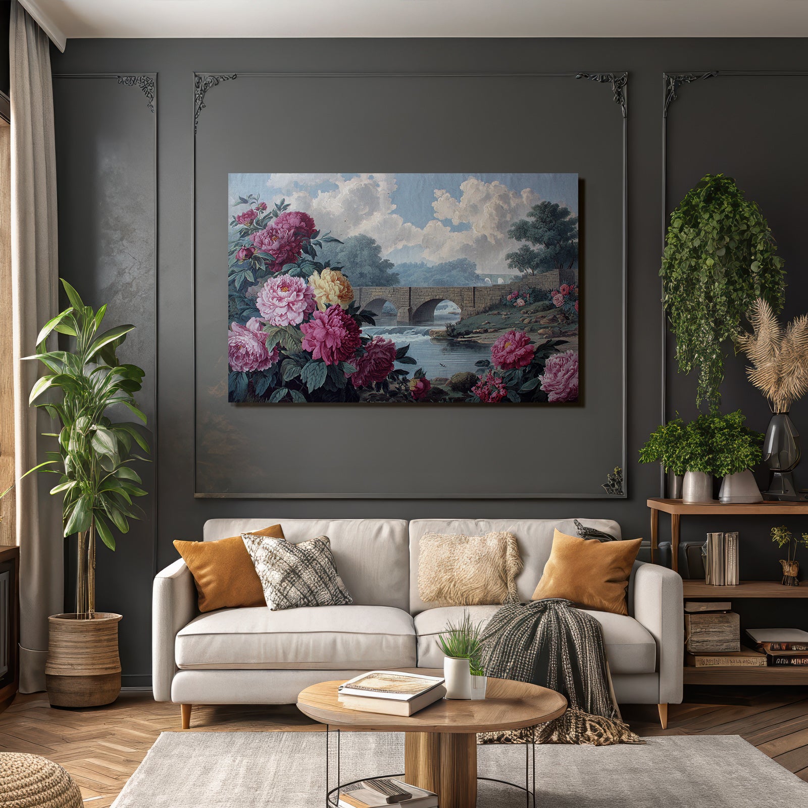 Stone Bridge Picturesque Landscape With Peonies