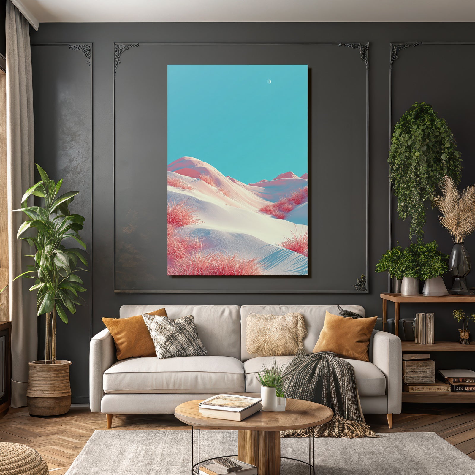 Surrealistische Hügellandschaft Mit Rosa Gras Und Michelmond | Duenen und Heide | Landschaften