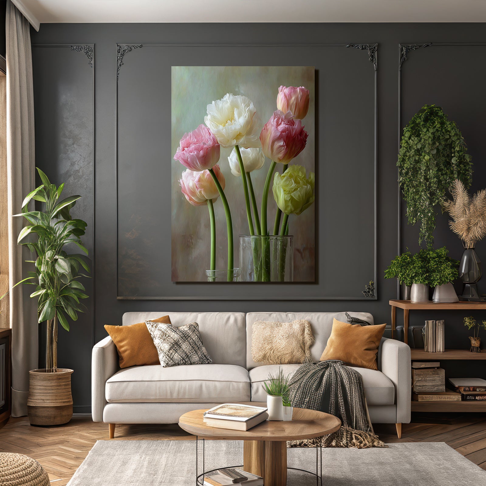 Strauss Von Zarten Frühlings Tulpen In Glasvasen