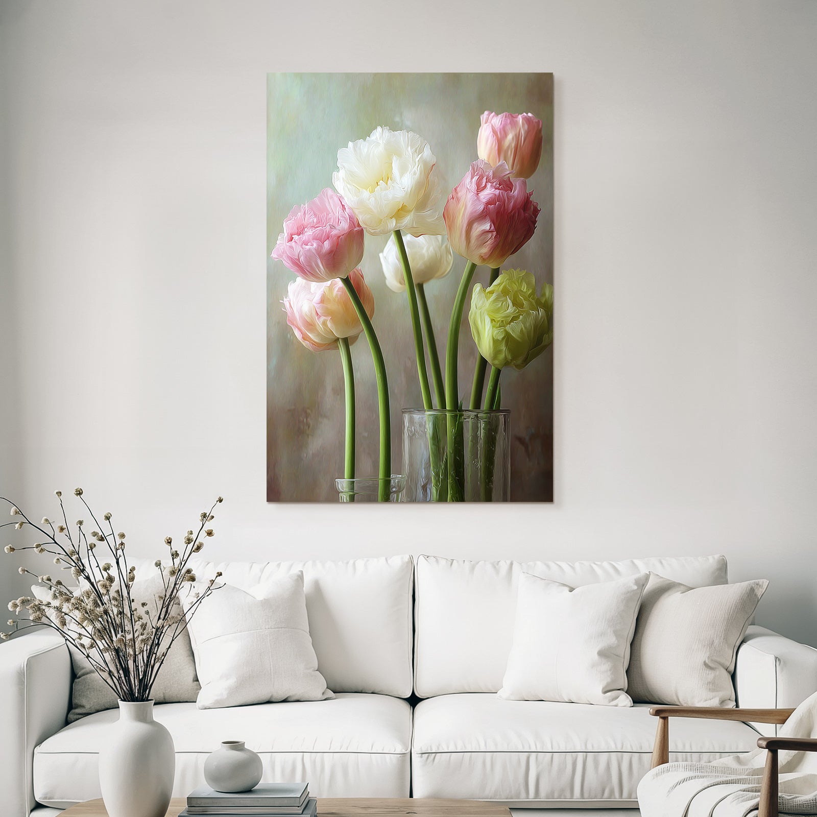 Strauss Von Zarten Frühlings Tulpen In Glasvasen