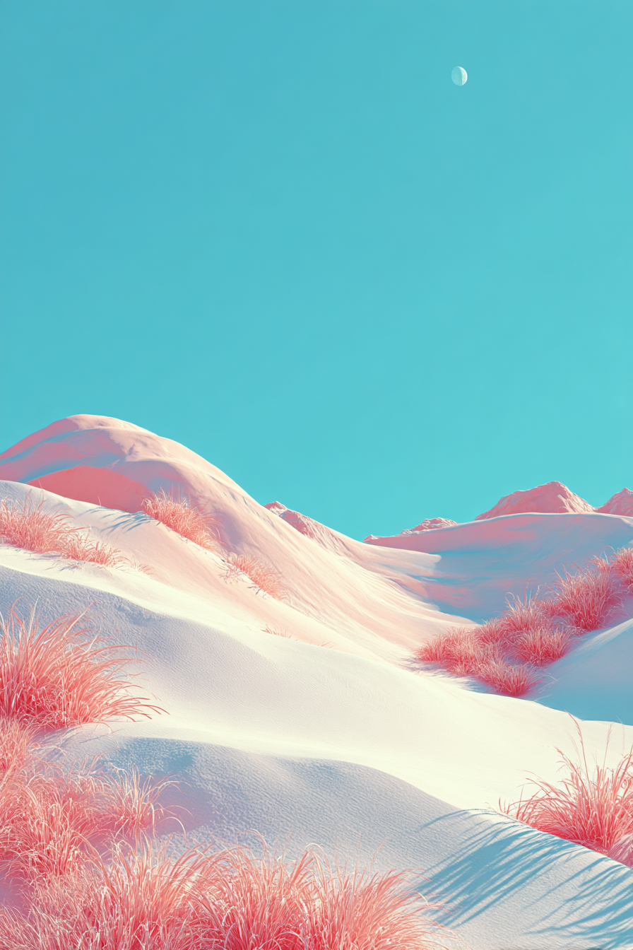 Surrealistische Hügellandschaft Mit Rosa Gras Und Michelmond | Duenen und Heide | Landschaften