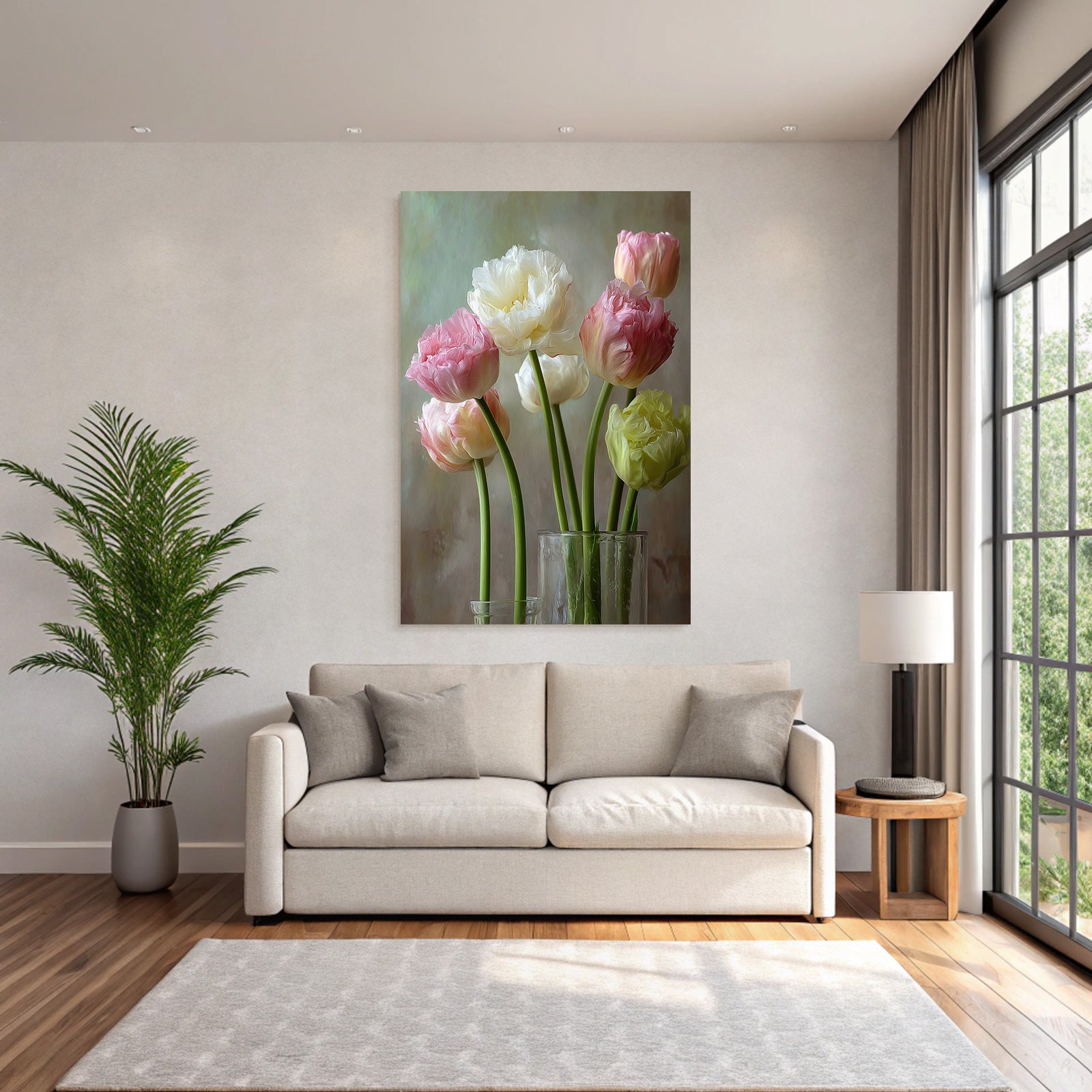 Strauss Von Zarten Frühlings Tulpen In Glasvasen