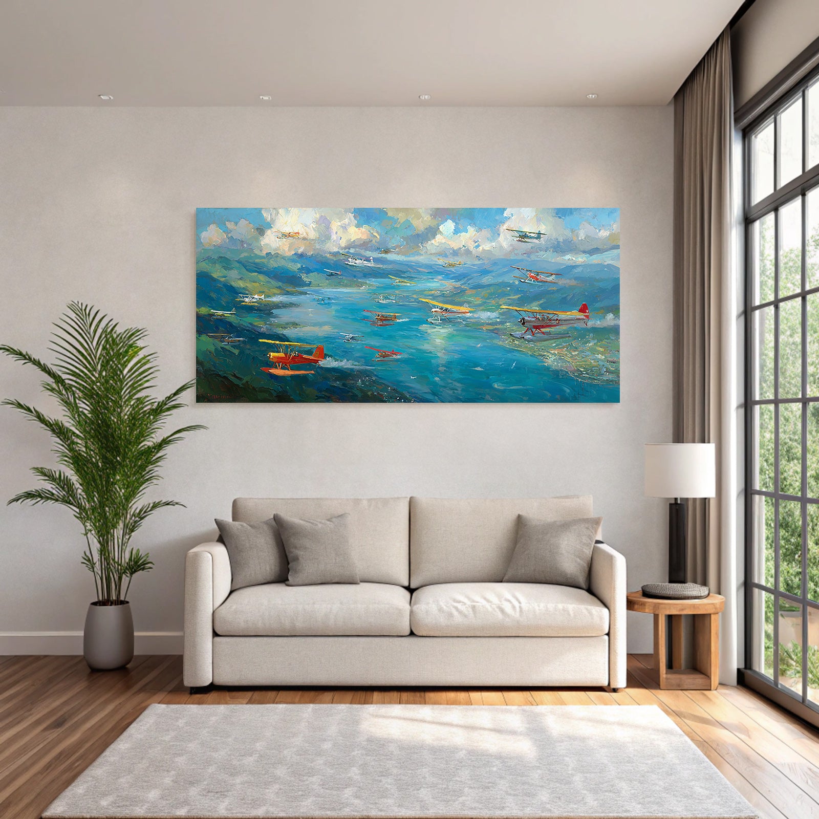 See Über Wasser Grüne Landschaft Vibrante Malerei | Flugzeuge | Mobilitaet und Technik