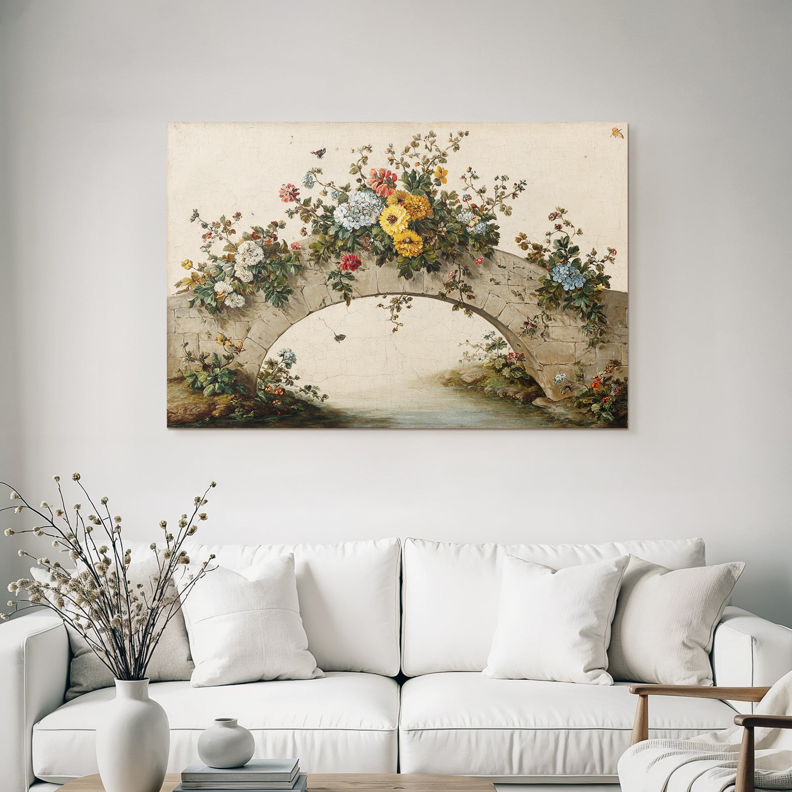 Stone Bridge with Colorful Bees and Reflecting Water