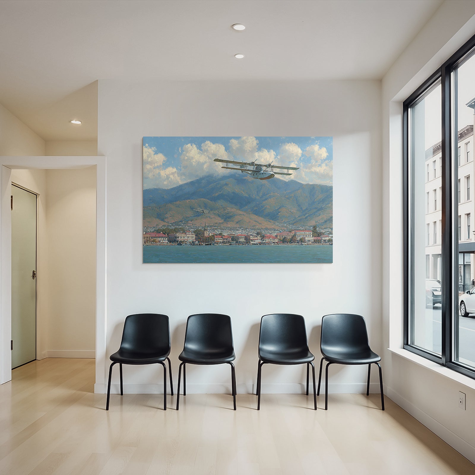 See Über Küstenstadt Mit Bergen Im Hintergrund | Flugzeuge | Mobilitaet und Technik