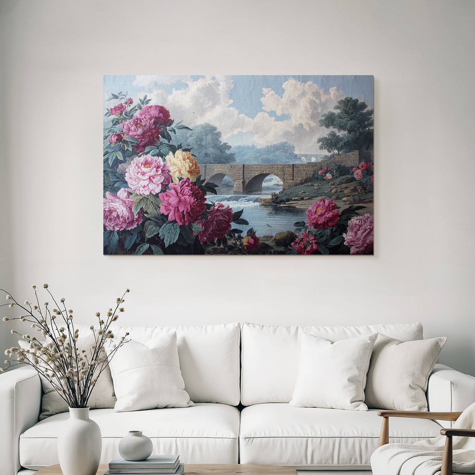 Stone Bridge Picturesque Landscape With Peonies