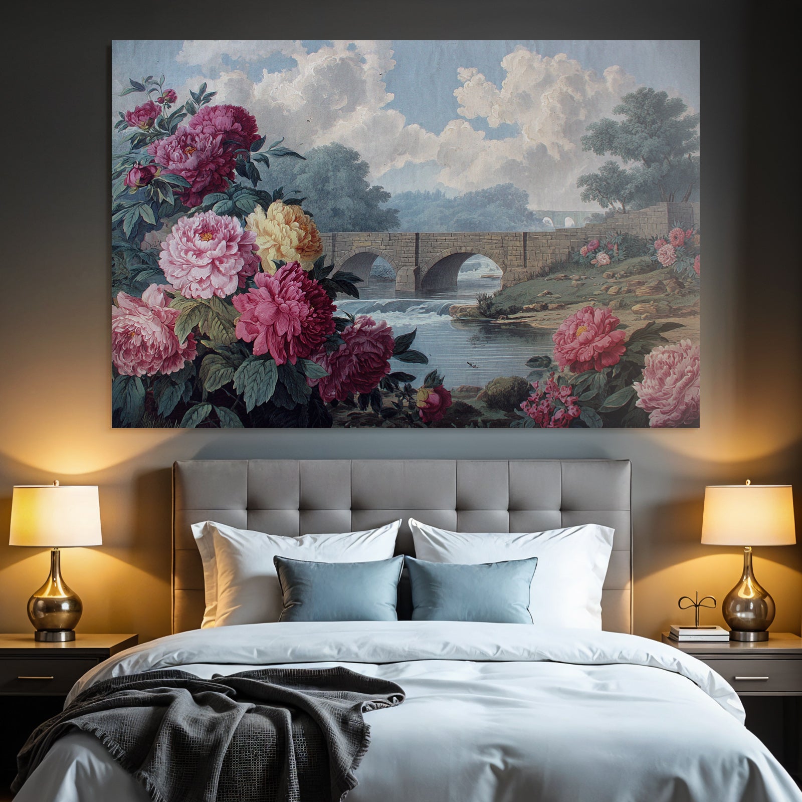 Stone Bridge Picturesque Landscape With Peonies