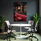 Bar Innenansicht Rote Sitzmöbel Teal Farben Warmbeleuchtung Cozy Atmosphäre