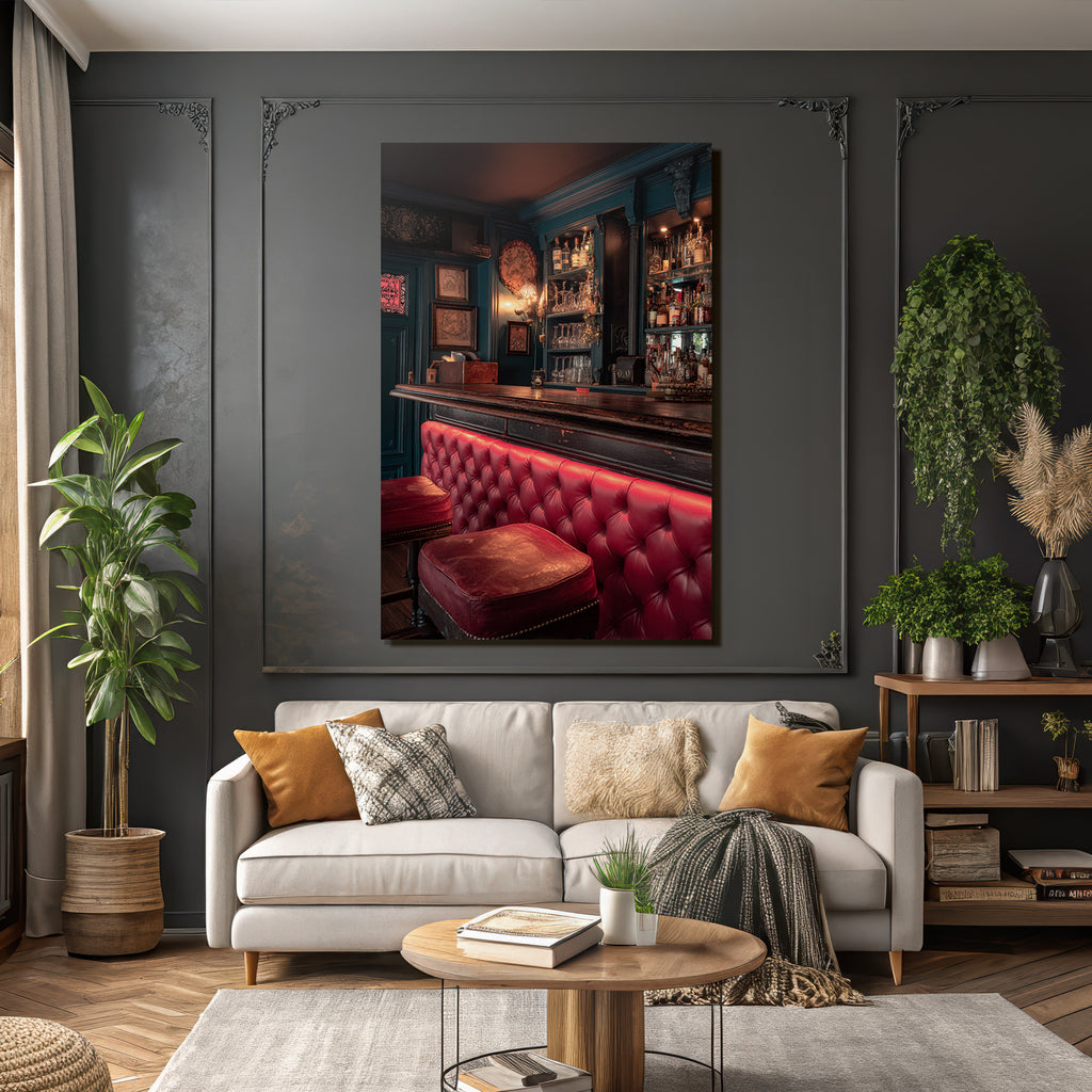 Bar Innenansicht Rote Sitzmöbel Teal Farben Warmbeleuchtung Cozy Atmosphäre