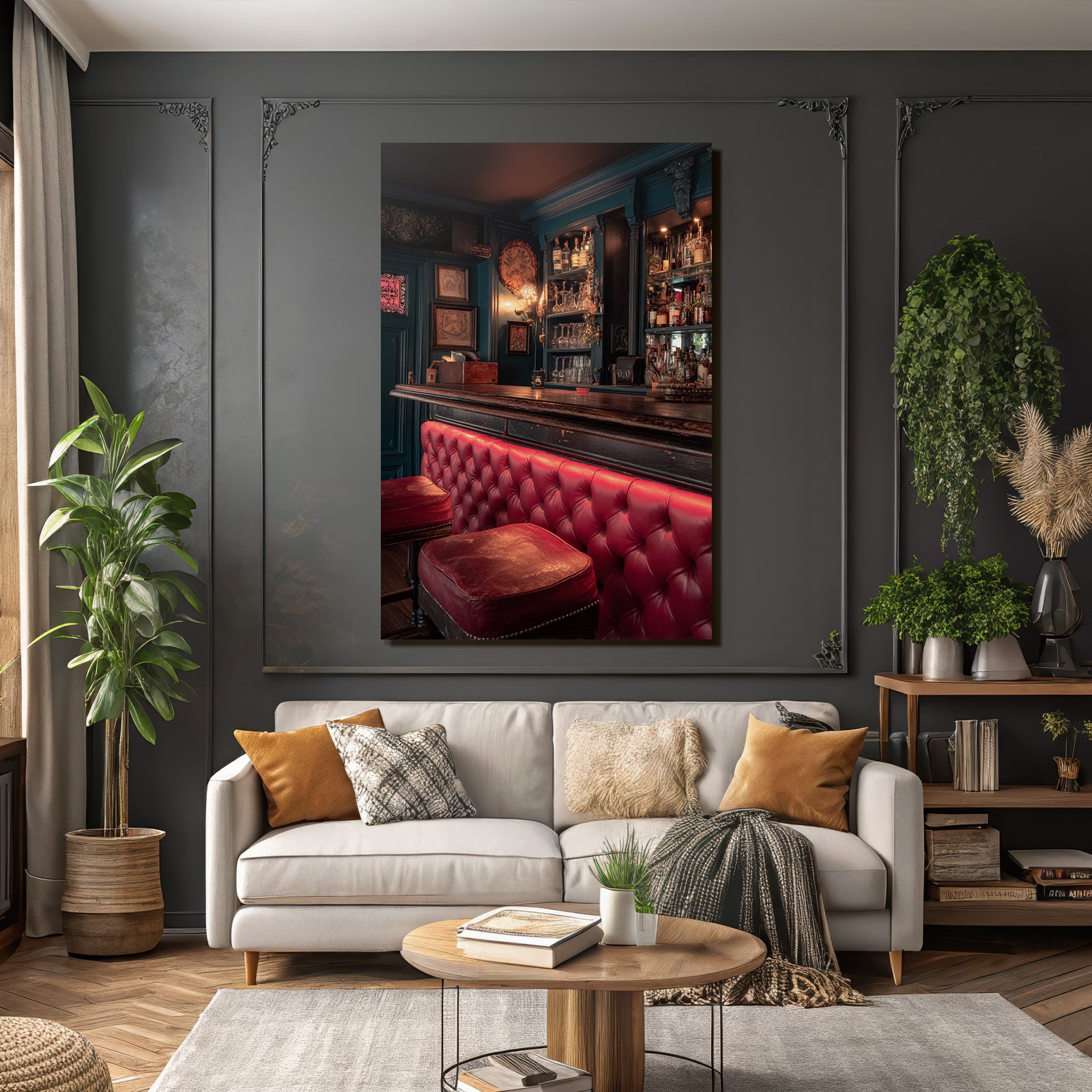 Bar Innenansicht Rote Sitzmöbel Teal Farben Warmbeleuchtung Cozy Atmosphäre