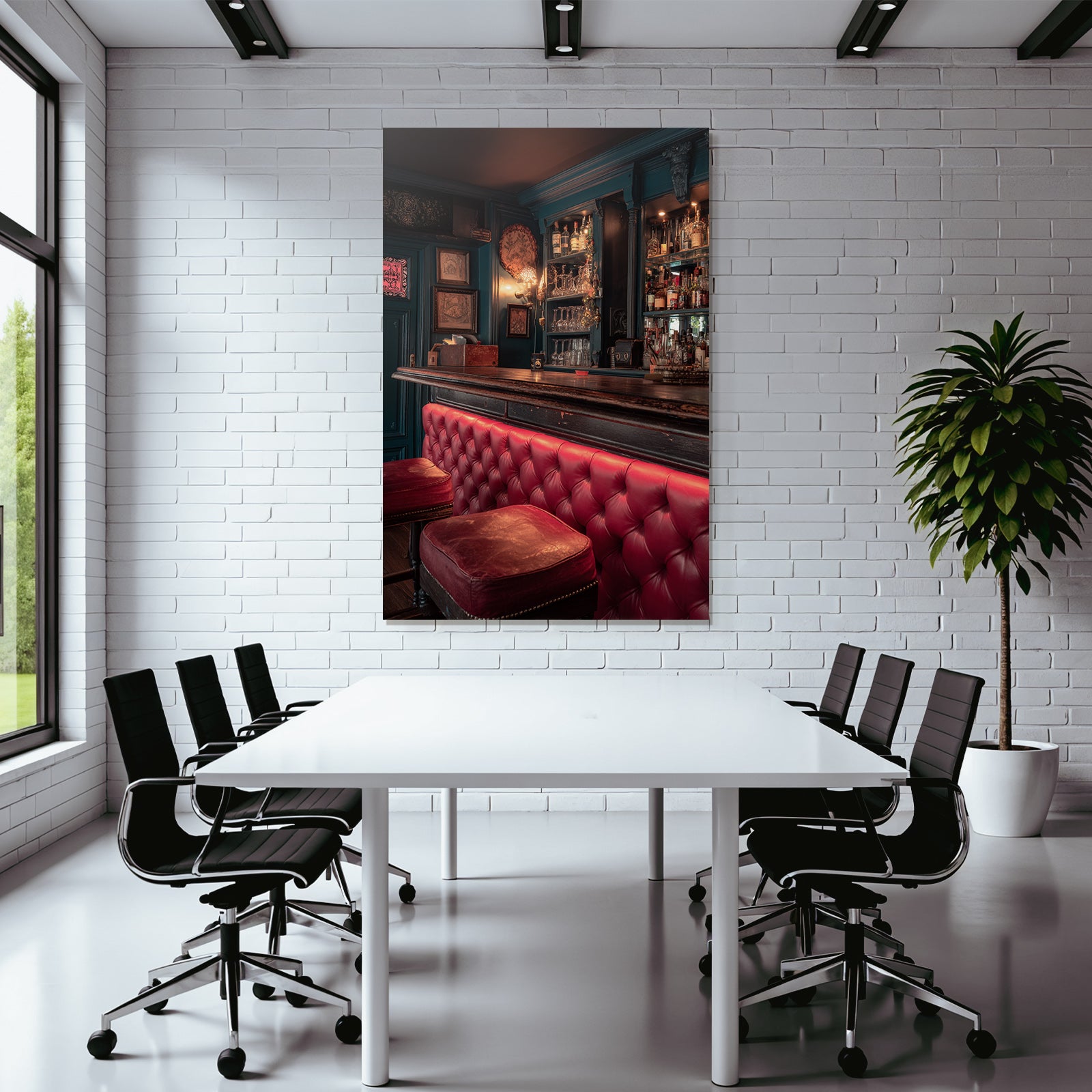 Bar Innenansicht Rote Sitzmöbel Teal Farben Warmbeleuchtung Cozy Atmosphäre