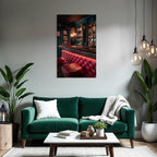 Bar Innenansicht Rote Sitzmöbel Teal Farben Warmbeleuchtung Cozy Atmosphäre