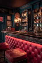 Bar Innenansicht Rote Sitzmöbel Teal Farben Warmbeleuchtung Cozy Atmosphäre | Bars Cafes Theater Bibliotheken | Architektur