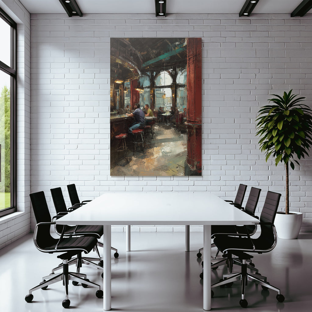 Busy interior view of a bar or cafe with a warm atmosphere