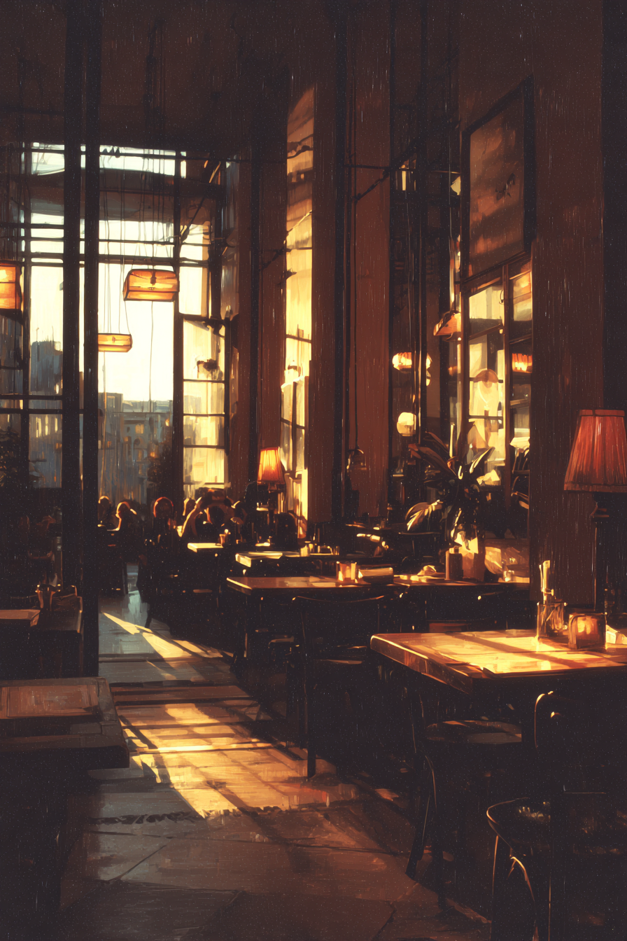 Cafe Innenansicht Warme Beleuchtung Zum Sonnenuntergang Cozy Atmosphäre | Bars Cafes Theater Bibliotheken | Architektur