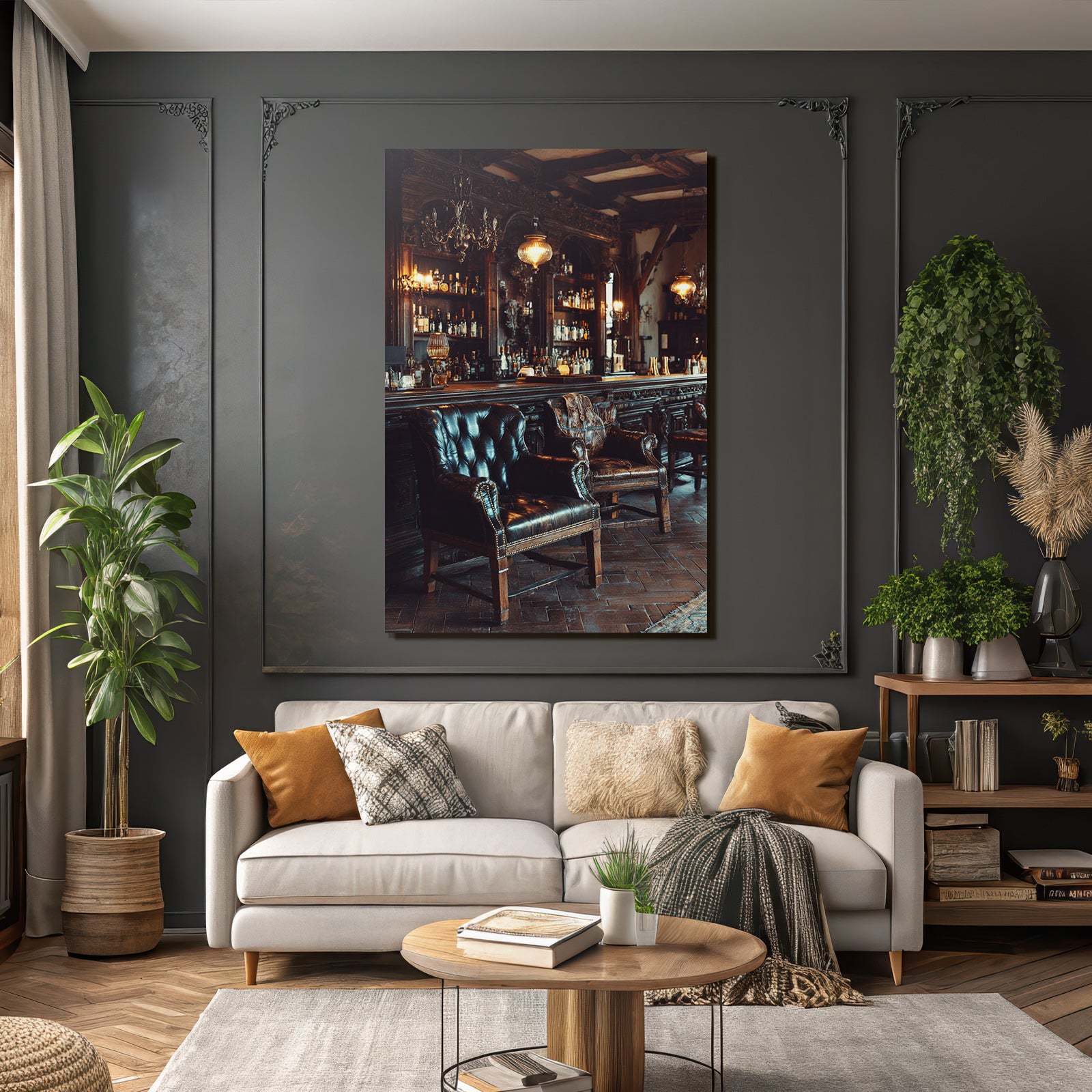 Elegante Lounge Mit Leder Stühlen Und Holzbar