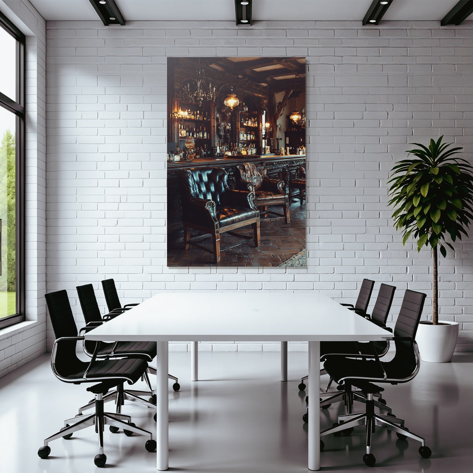 Elegante Lounge Mit Leder Stühlen Und Holzbar