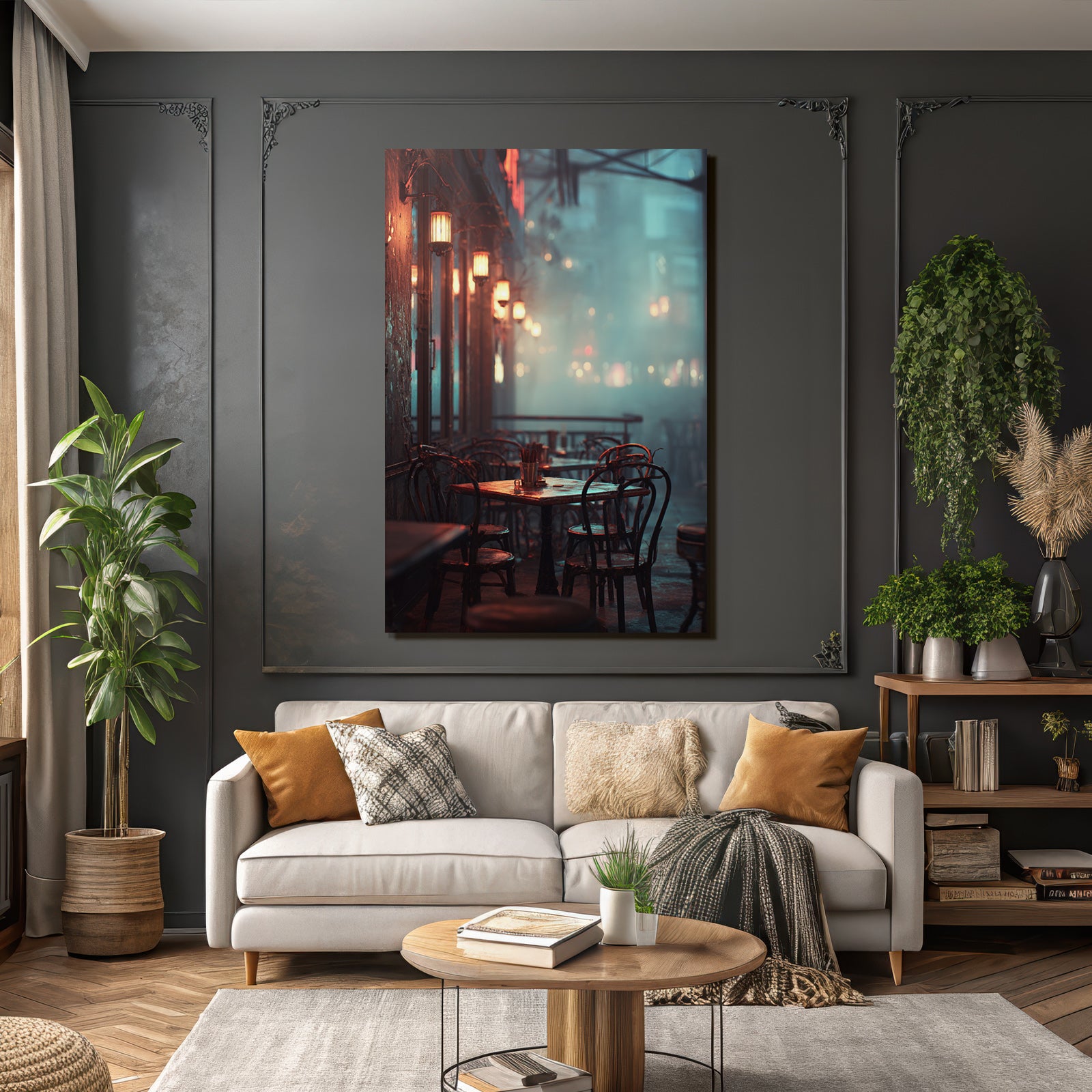 Cozy outdoor cafe with lanterns and fog