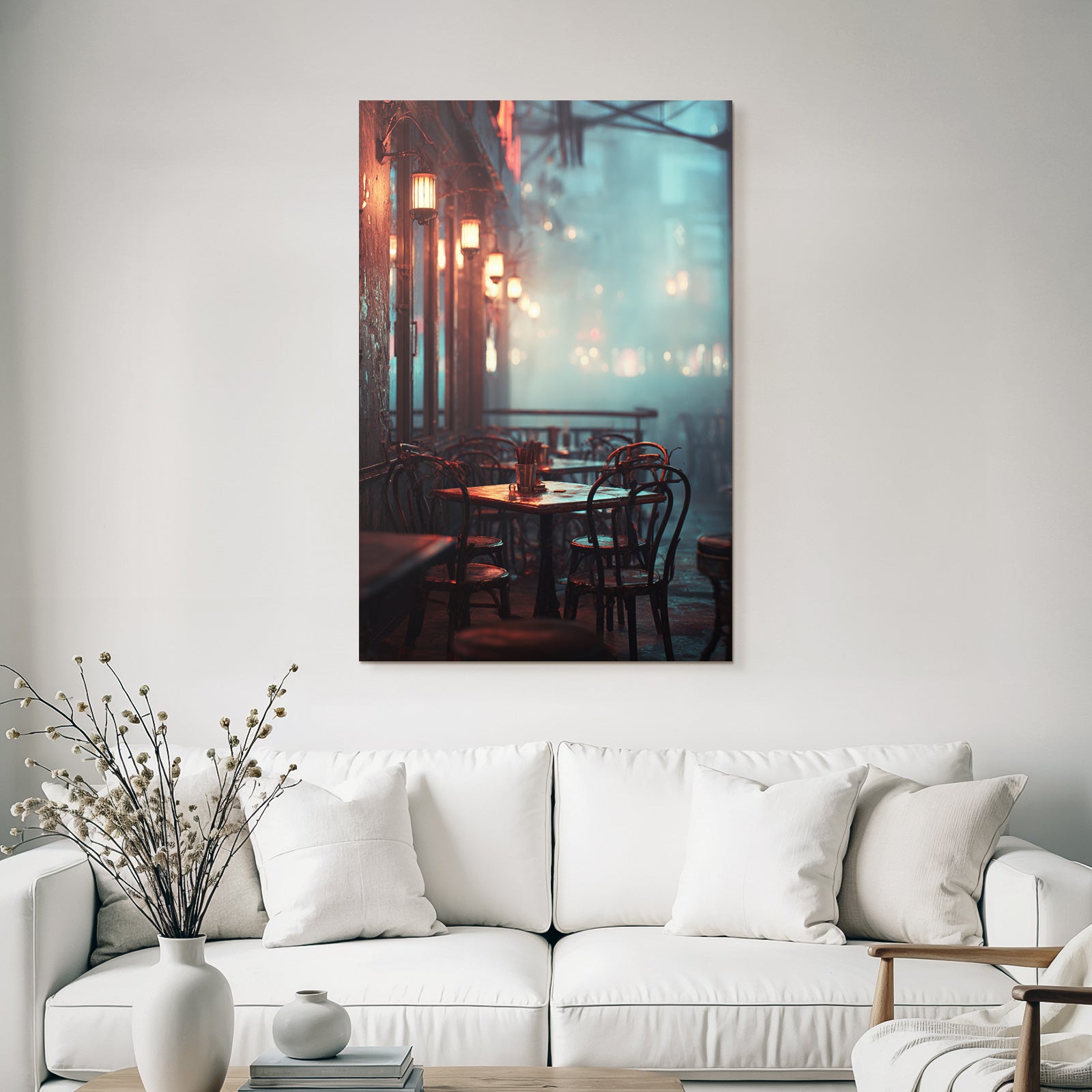 Cozy outdoor cafe with lanterns and fog