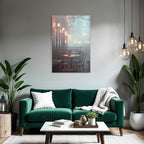 Cozy outdoor cafe with lanterns and fog