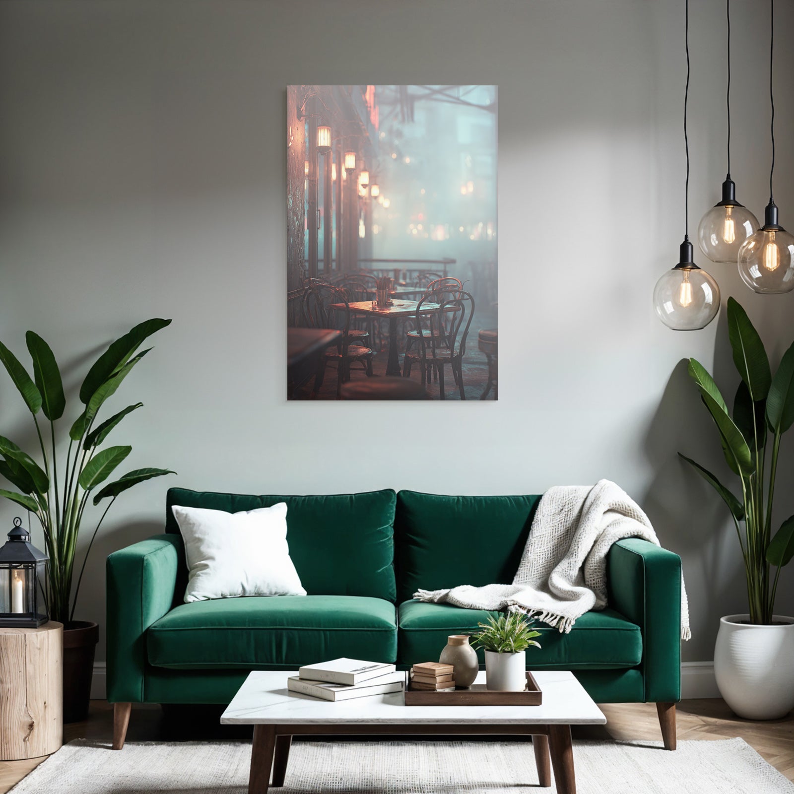 Cozy outdoor cafe with lanterns and fog