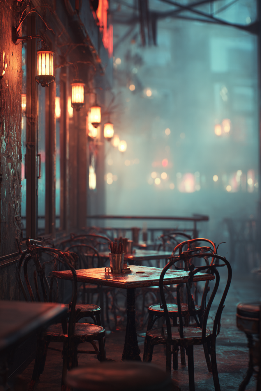 Gemütliches Aussen Cafe Mit Laternen Und Nebel | Bars Cafes Theater Bibliotheken | Architektur