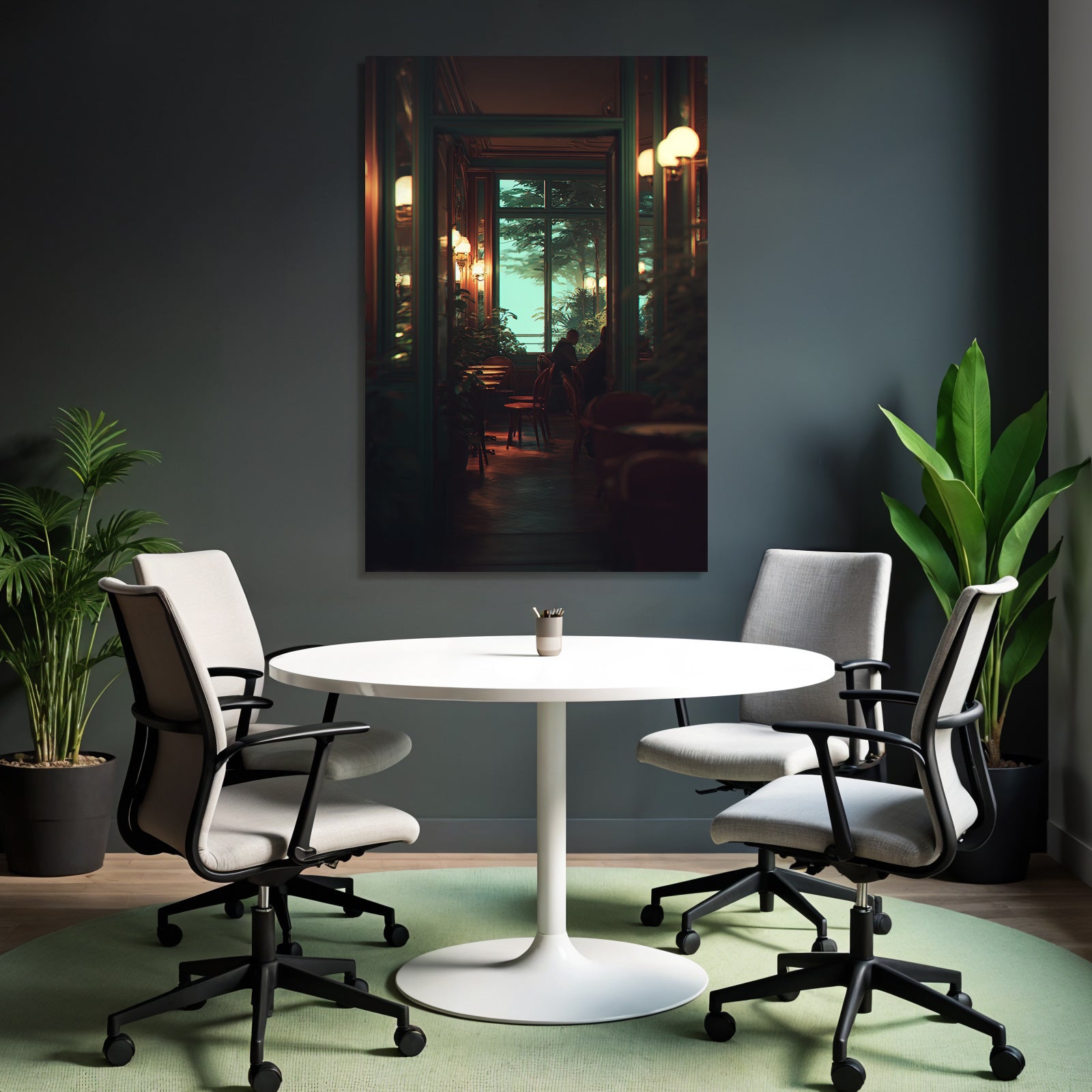Cozy interior of an Arquivo Cafe with warm lights and plants