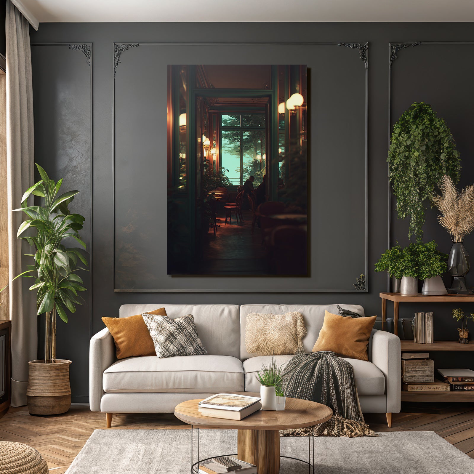 Cozy interior of an Arquivo Cafe with warm lights and plants