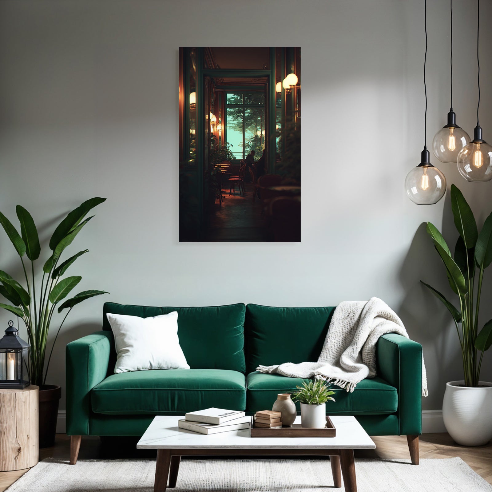 Cozy interior of an Arquivo Cafe with warm lights and plants
