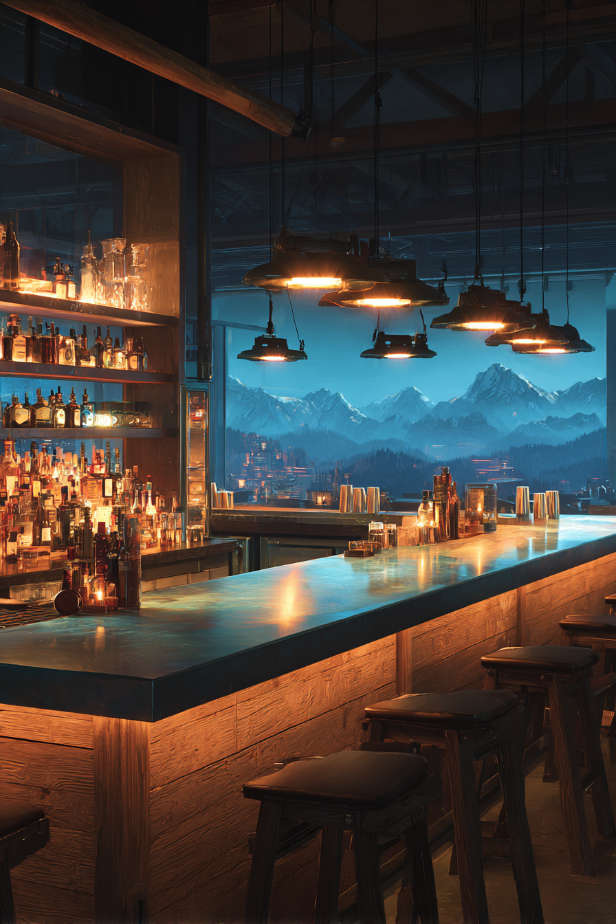 Moderne Bar Mit Holztresen Und Aussicht Auf Berge | Bars Cafes Theater Bibliotheken | Architektur