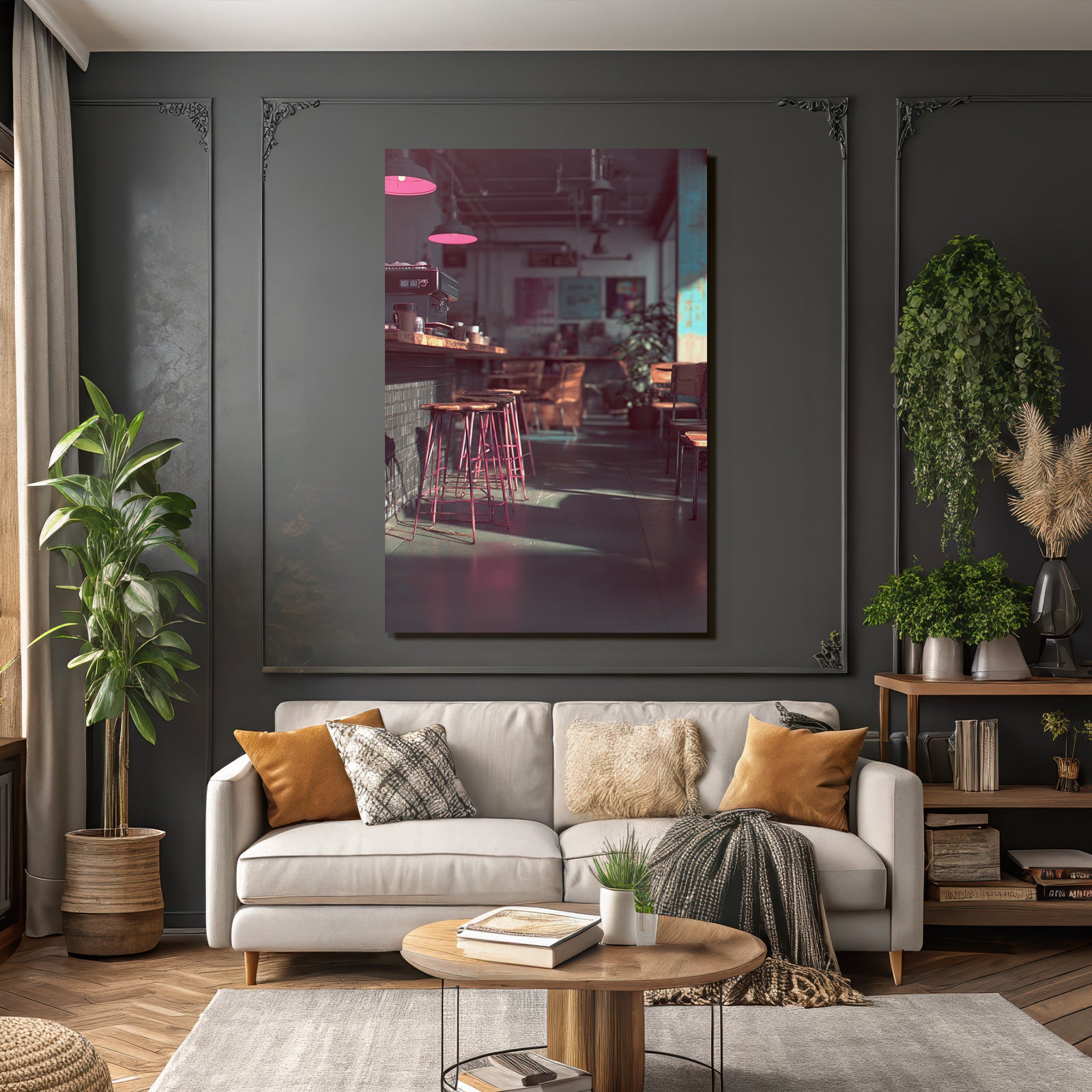 Modern Cafe With Bar And Pink Light Design In Inviting Ambience
