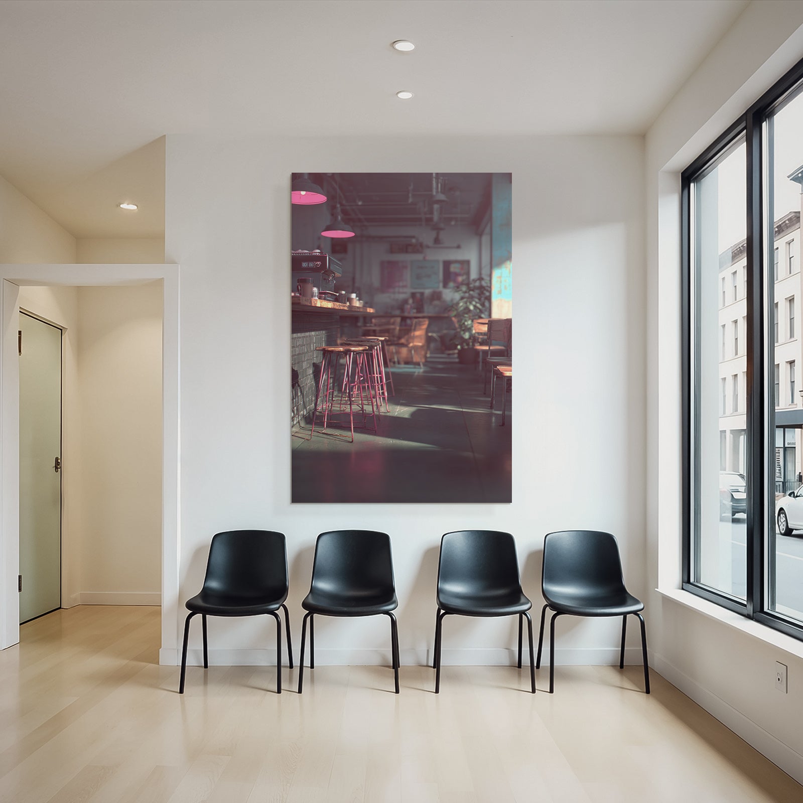 Modern Cafe With Bar And Pink Light Design In Inviting Ambience