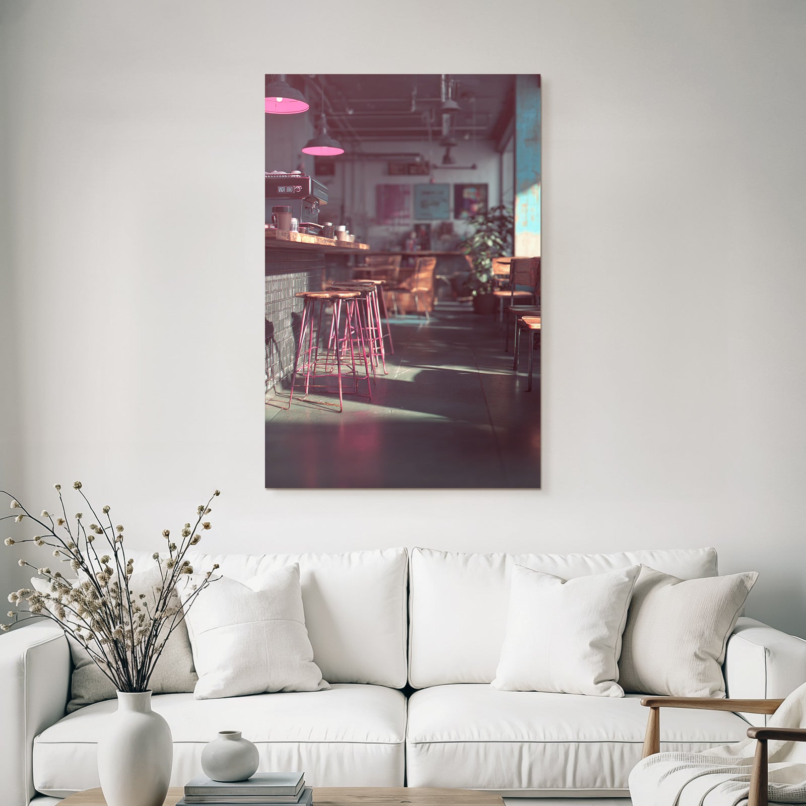 Modern Cafe With Bar And Pink Light Design In Inviting Ambience