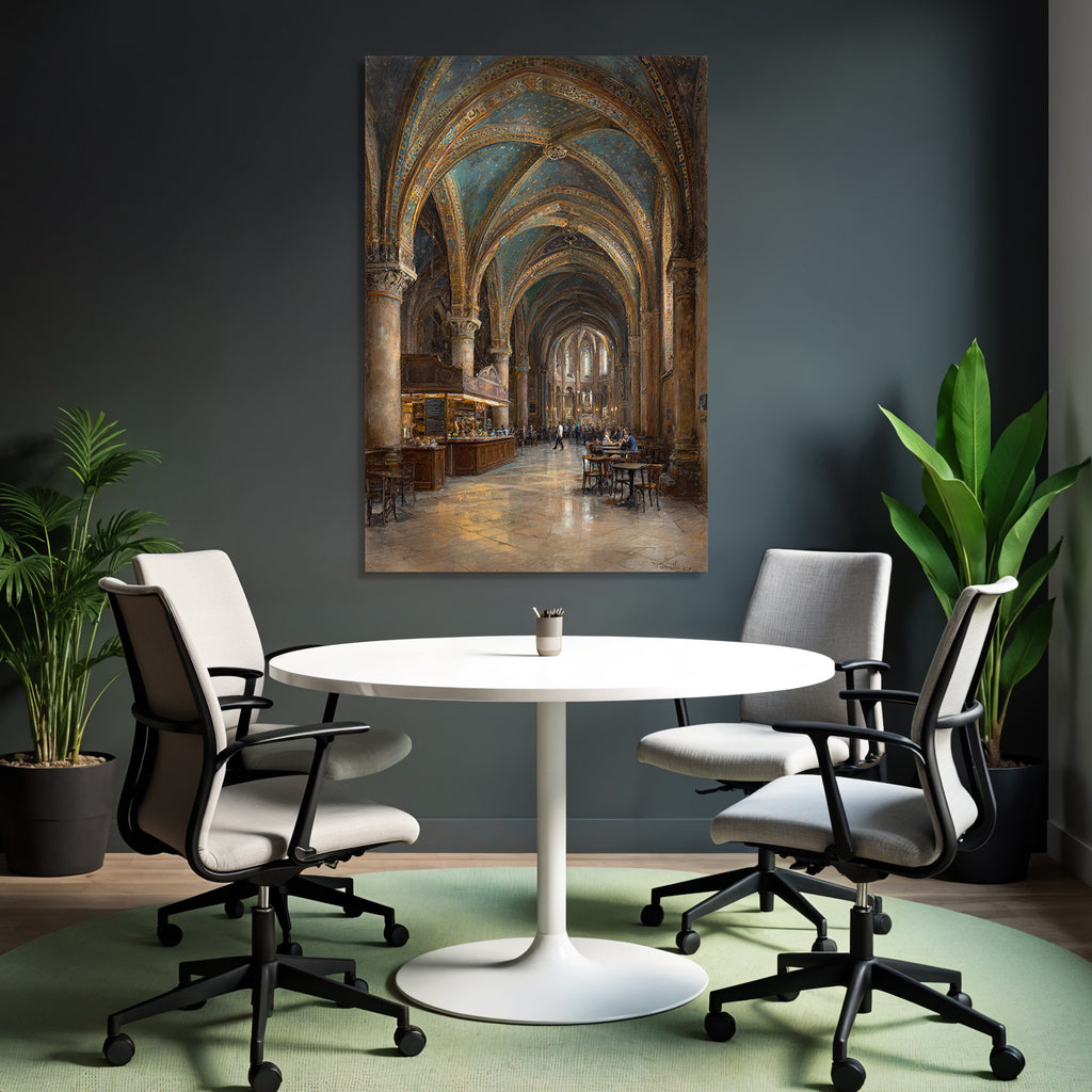 Ornate Interior With Grand Arches Blue Ceiling Cafe Area