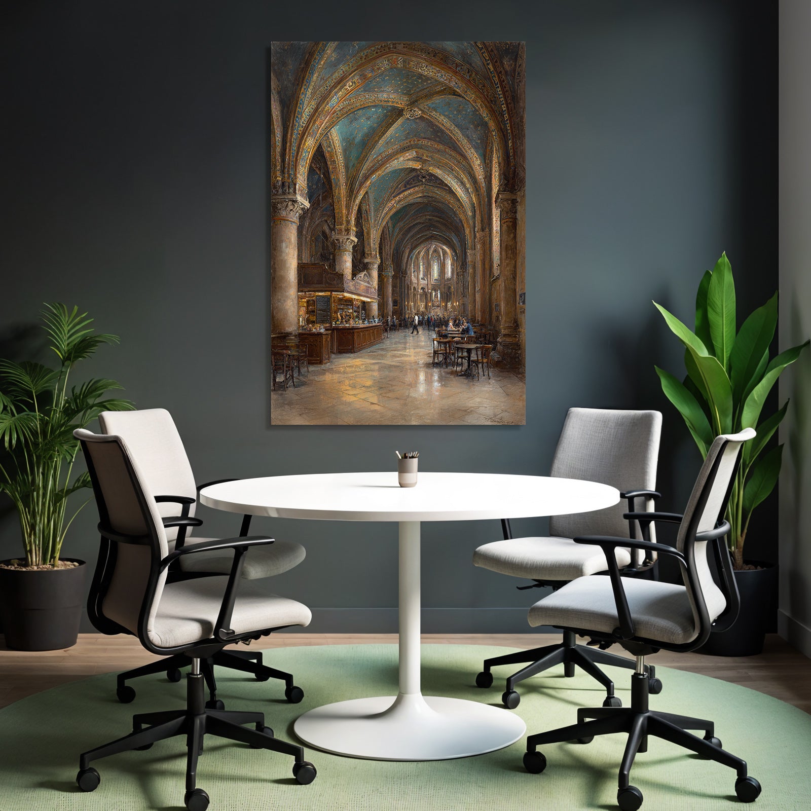 Ornate Interior With Grand Arches Blue Ceiling Cafe Area