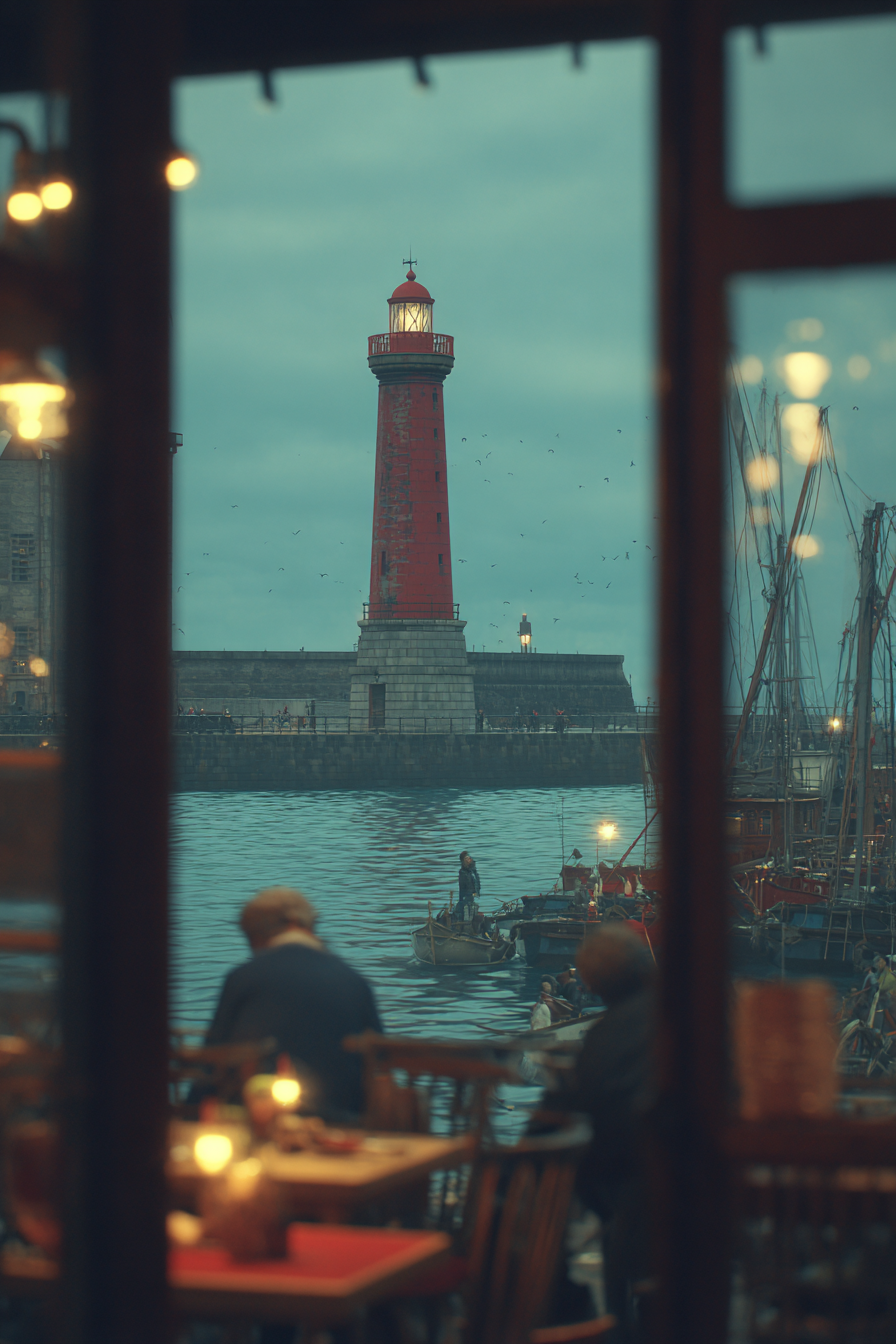 Roter Leuchtturm Im Hafen Mit Boote Und Menschen | Bars Cafes Theater Bibliotheken | Architektur