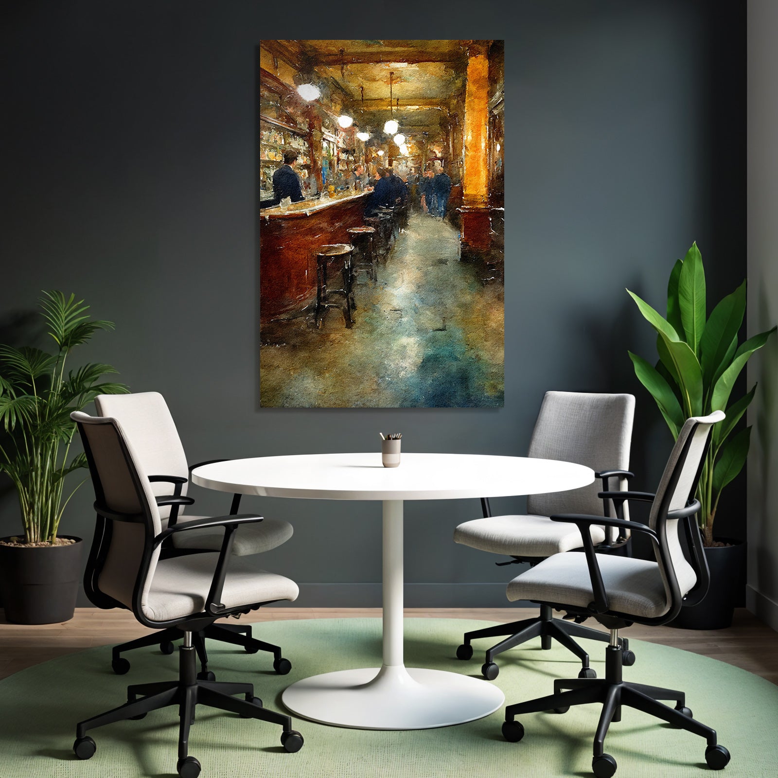 Watercolor style bar interior view inviting atmosphere