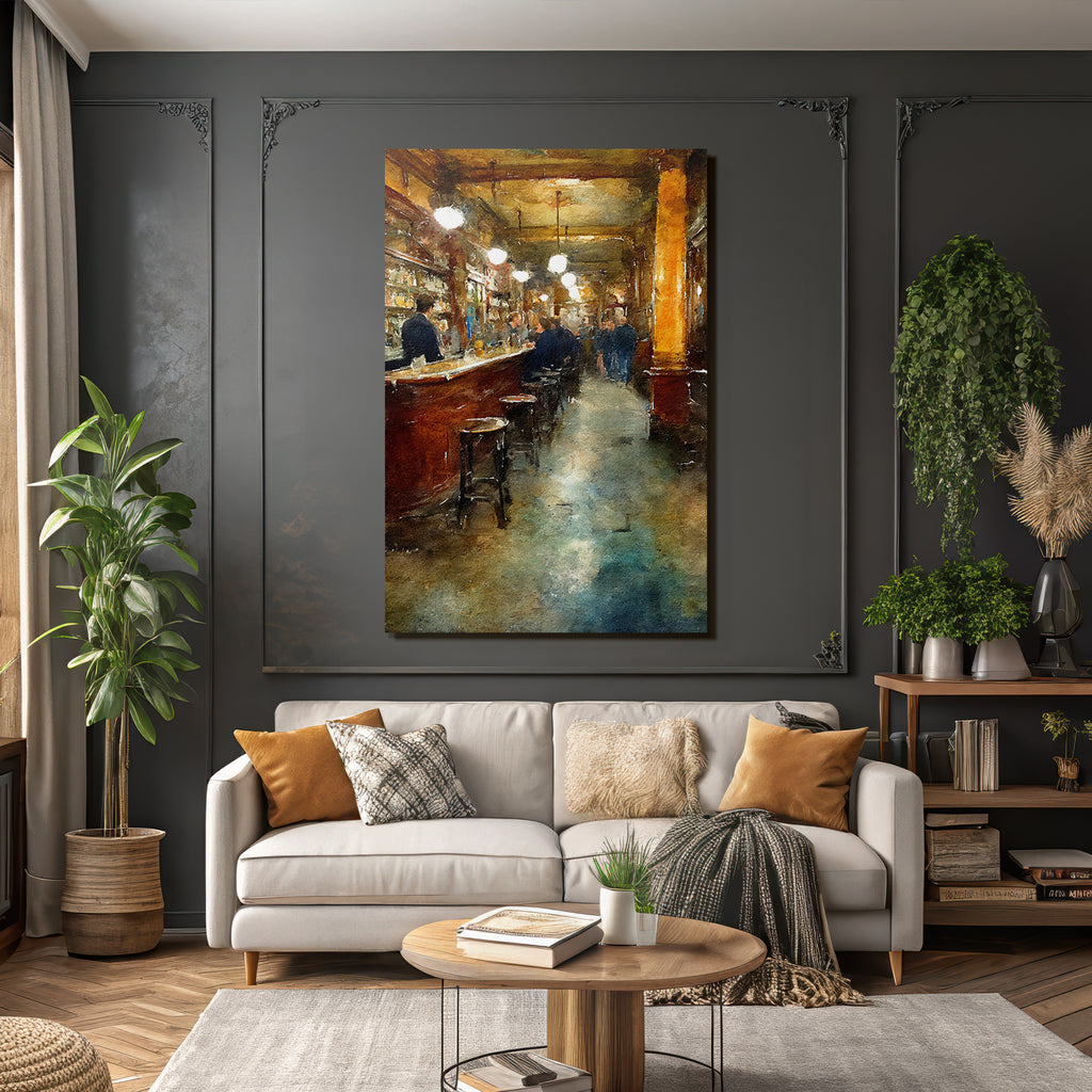 Watercolor style bar interior view inviting atmosphere