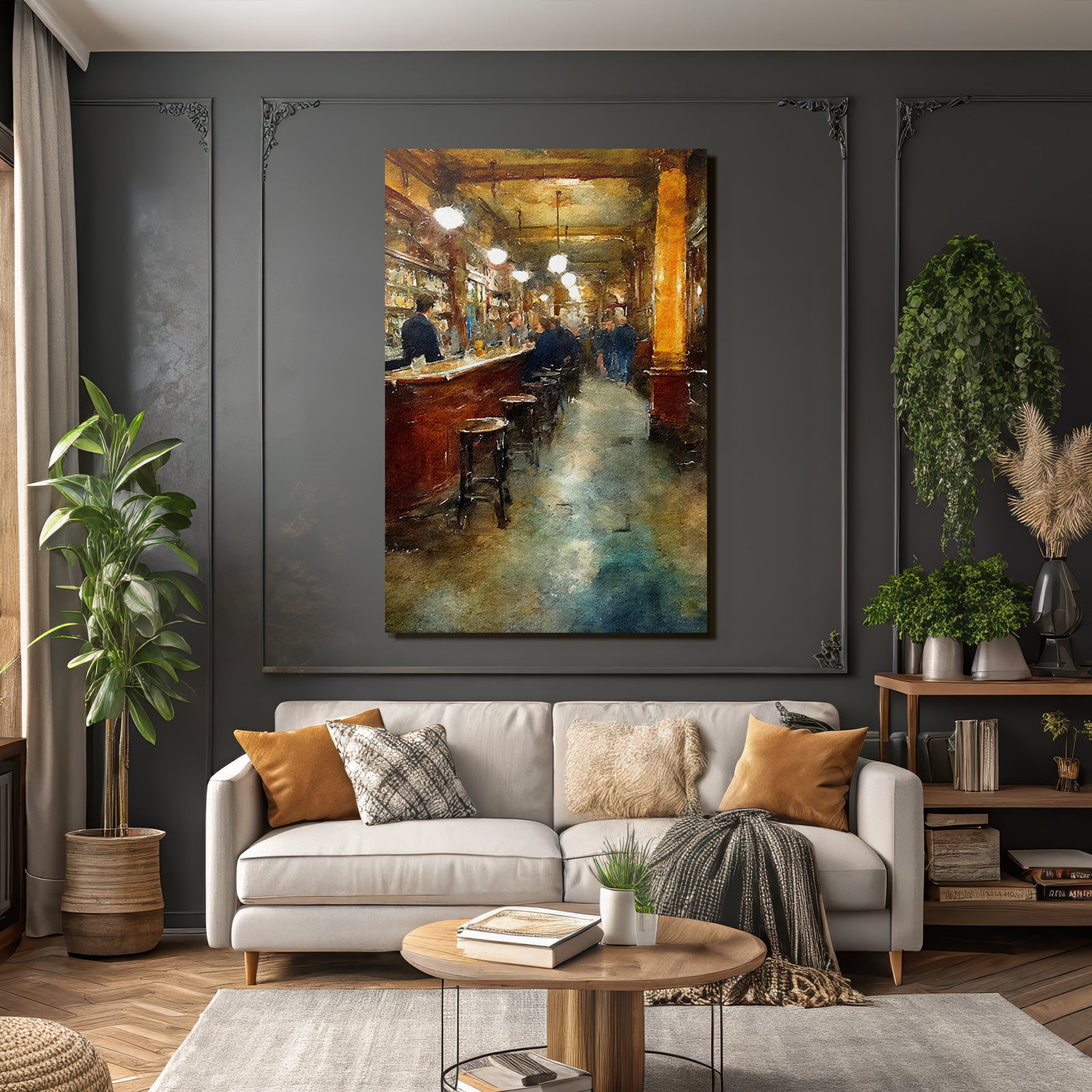 Watercolor style bar interior view inviting atmosphere