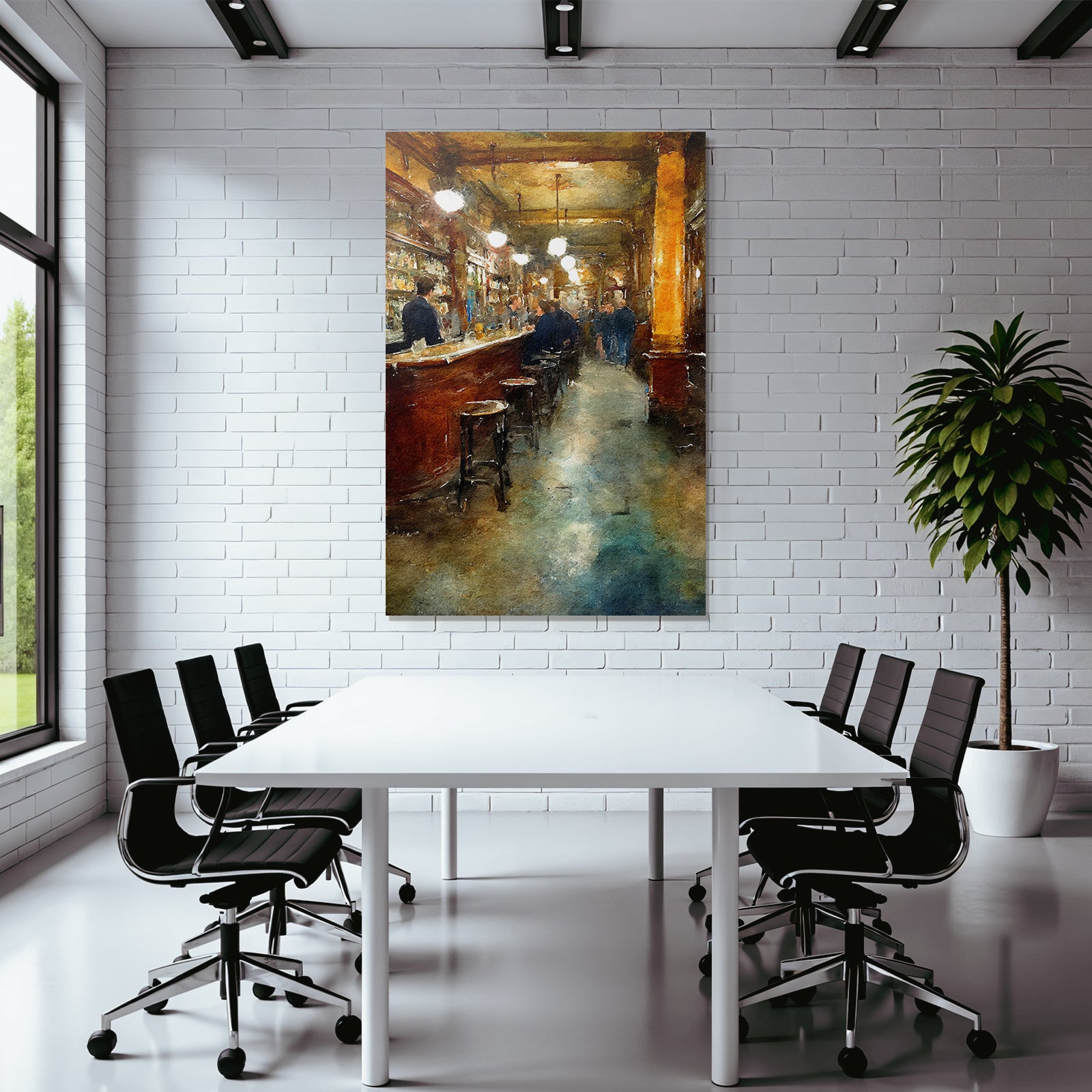 Watercolor style bar interior view inviting atmosphere