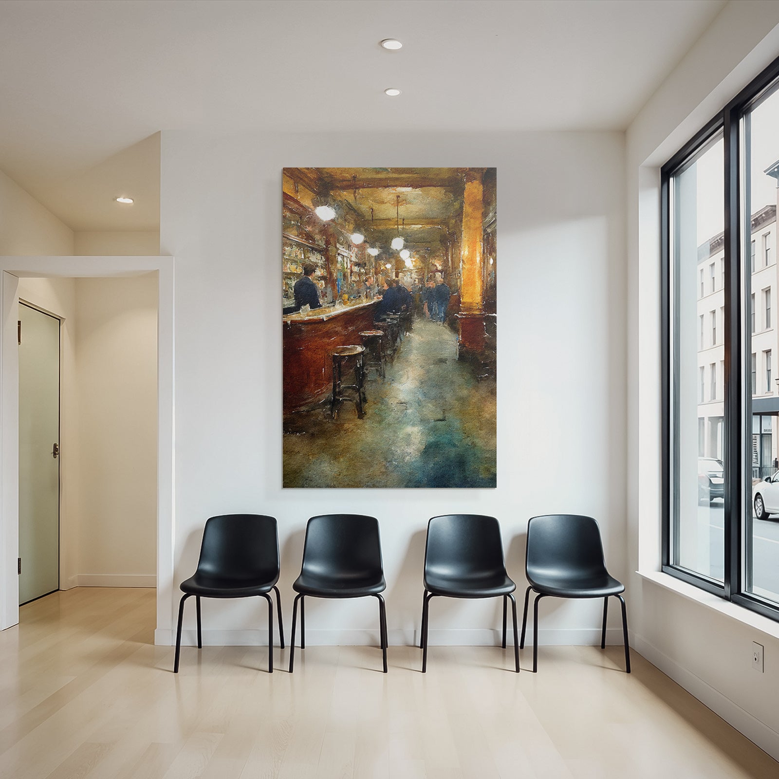 Watercolor style bar interior view inviting atmosphere