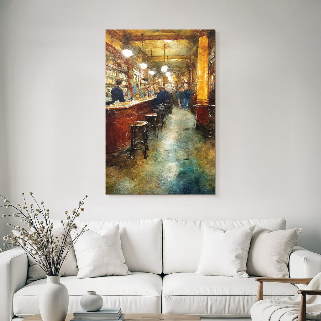 Watercolor style bar interior view inviting atmosphere